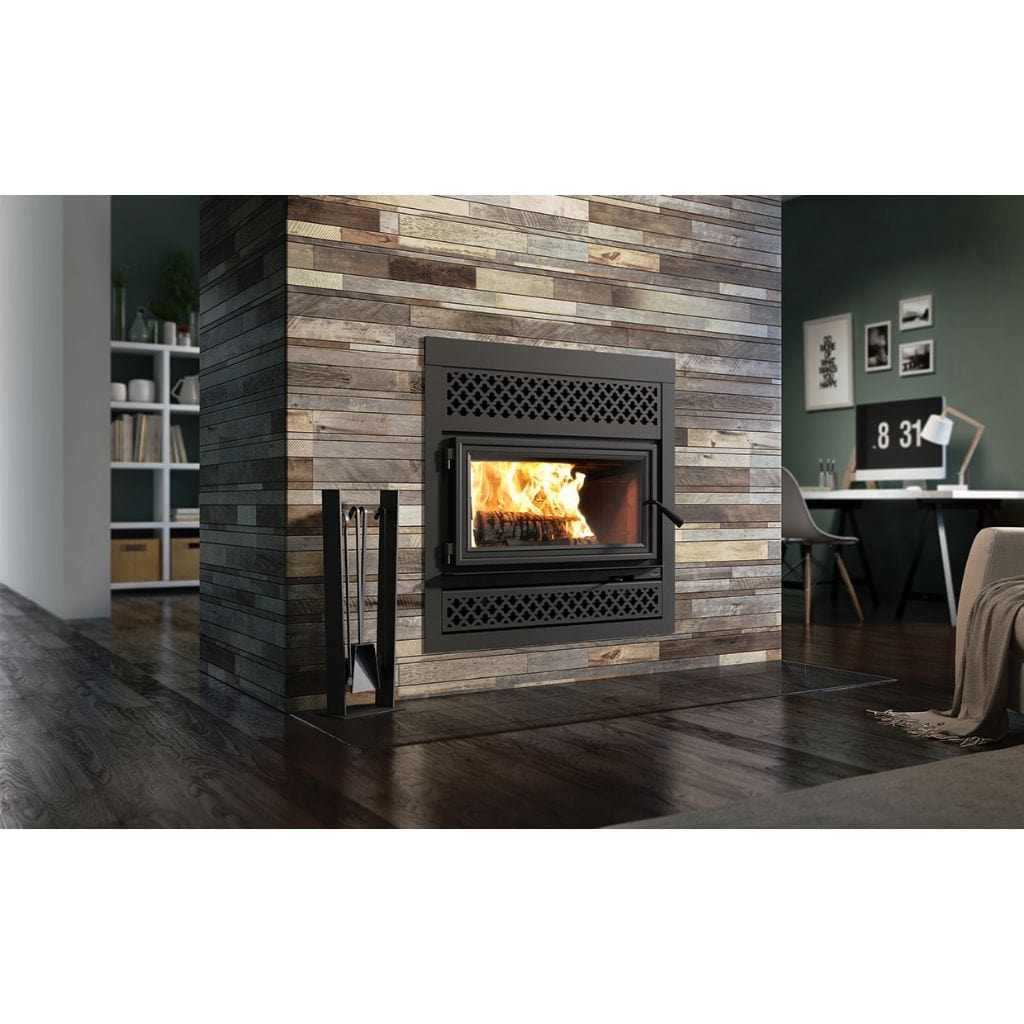 Valcourt Lafayette IIS Wood Fireplace With Black Door Overlay, Black Square Faceplate, & Arabesque Style Faceplate Louver