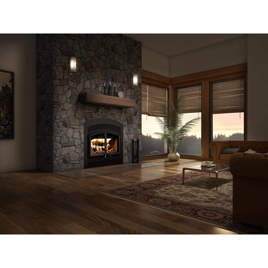 Valcourt Waterloo Wood Fireplace With Black Arched Faceplate, Classic Moulded Brick Panels, & Classic Style Faceplate Louver