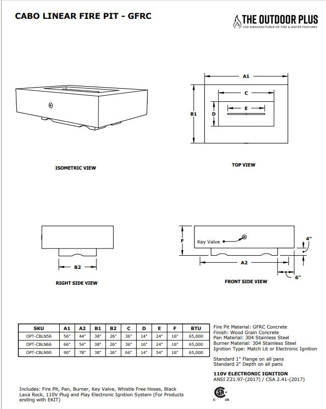 Cabo Linear Metal Fire Pit by The Outdoor Plus - Free Cover Included