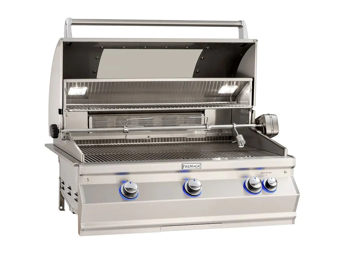 Fire Magic Aurora A790i 36" Propane Gas Built-In Grill with 1 Sear Burner, Backburner, Rotisserie Kit, Magic View Window and Analog Thermometer (A790I-8LAP-W)