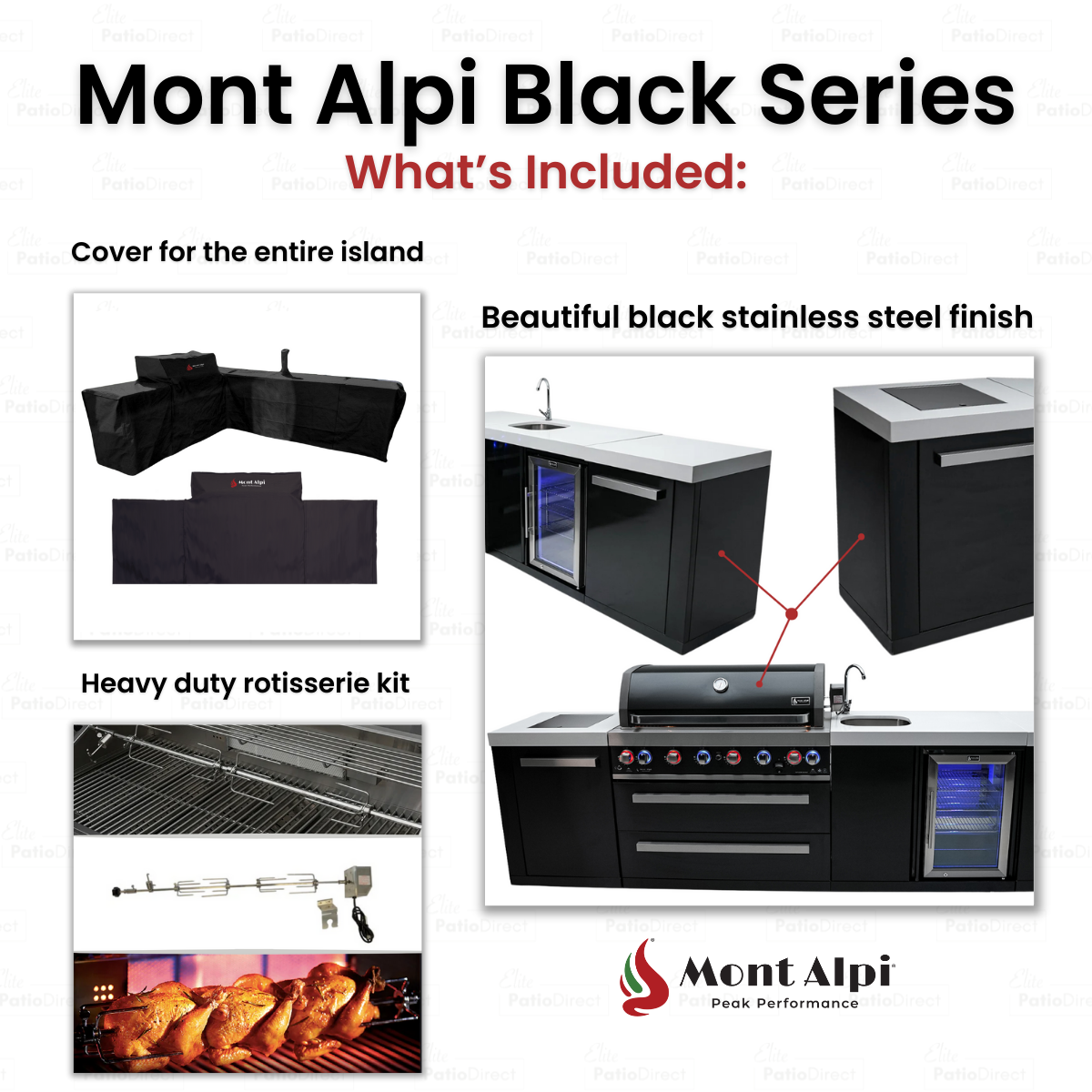 Mont Alpi 805 Black Stainless Steel BBQ Grill Island with 90 Degree Corner, Beverage Center & Fridge Cabinet - MAi805-BSS90BEVFC
