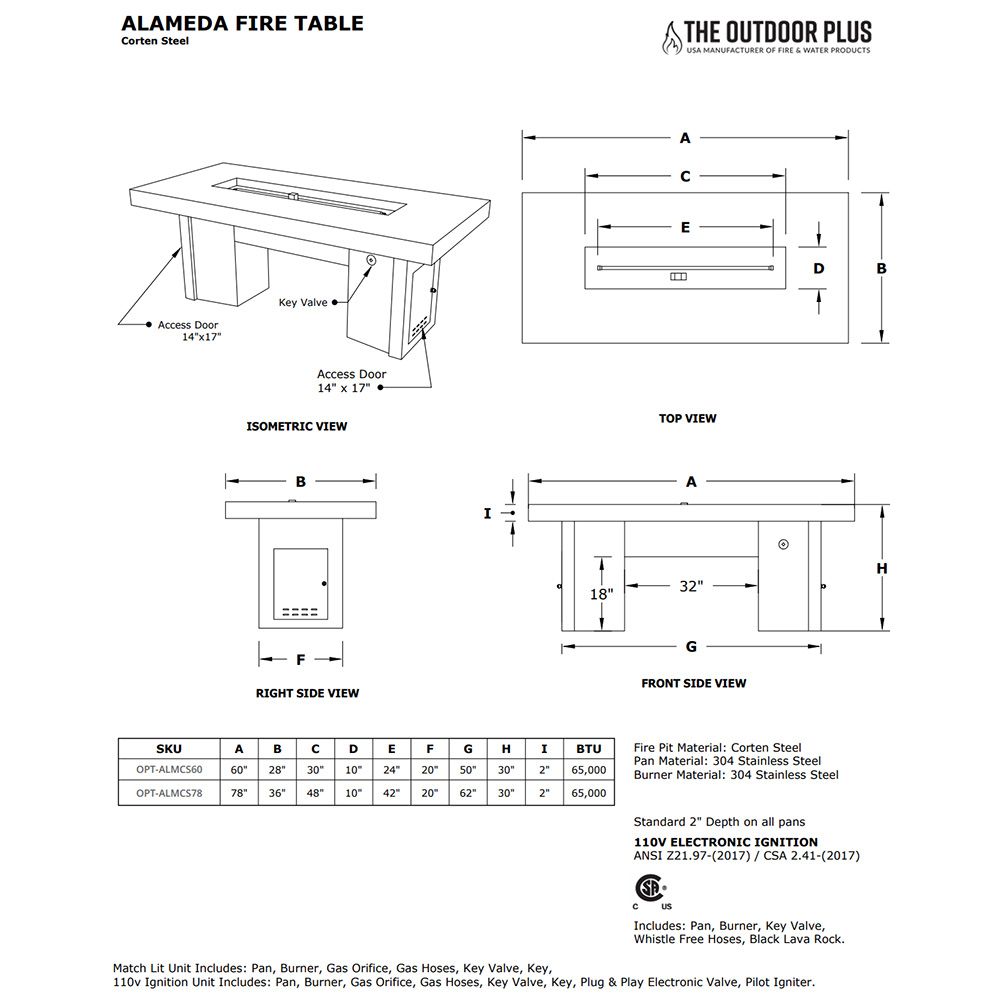 Alameda Corten Steel Fire Table by The Outdoor Plus - Free Cover Included