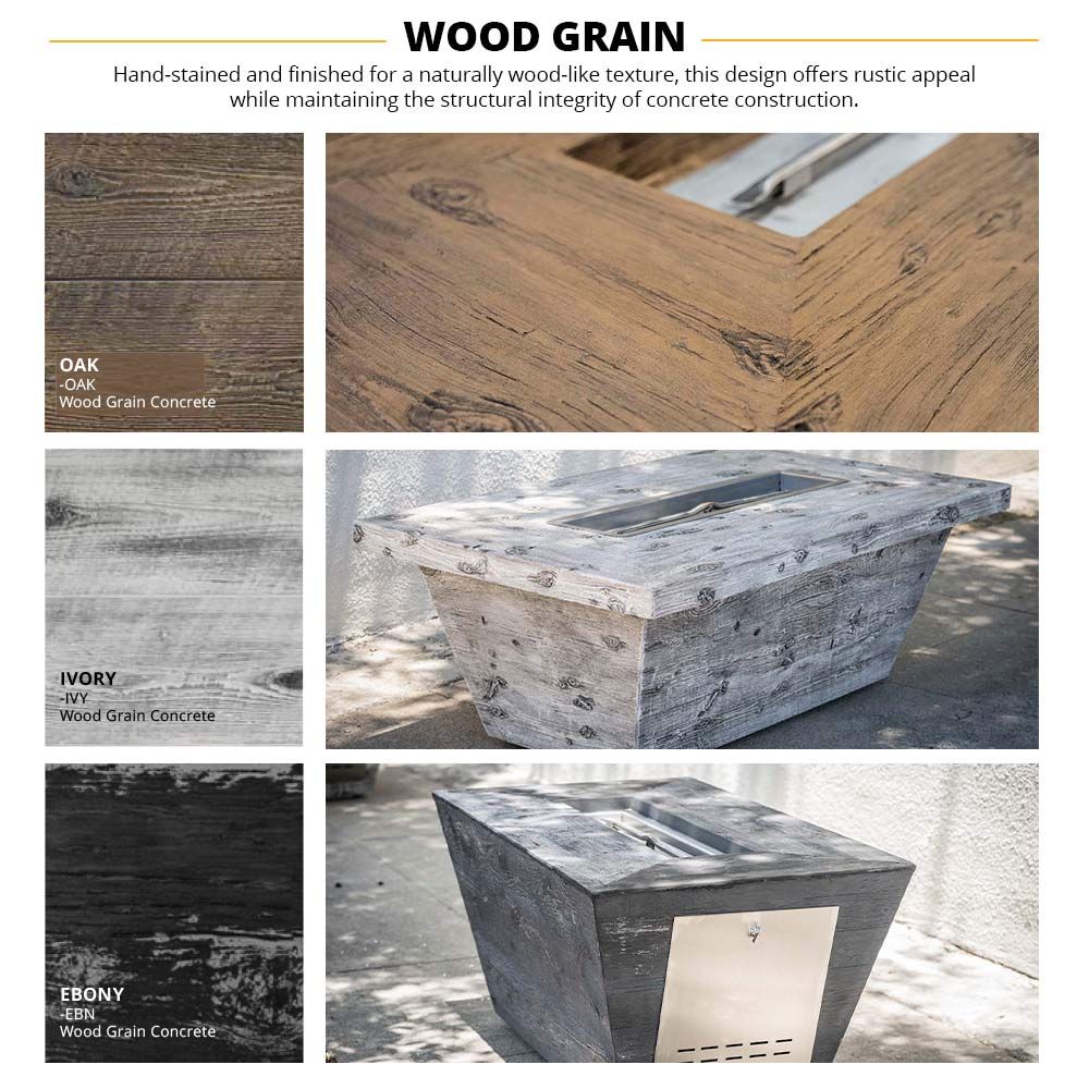 Plymouth Rectangular Wood Grain Concrete Fire Pit by The Outdoor Plus - Free Cover Included
